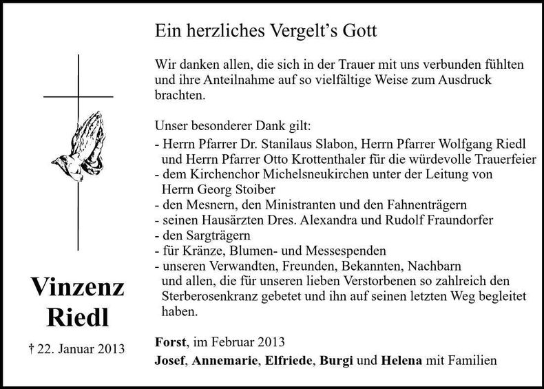 Traueranzeige Vinzenz Riedl