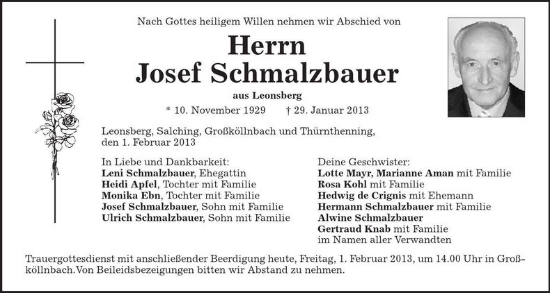 Traueranzeige Josef Schmalzbauer