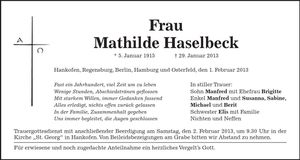 Traueranzeige Mathilde Haselbeck