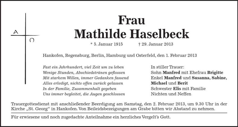 Traueranzeige Mathilde Haselbeck