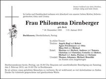 Traueranzeige Philomena Dirnberger