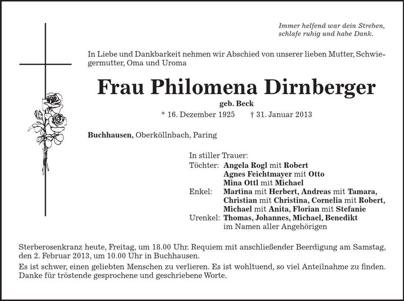 Traueranzeige Philomena Dirnberger