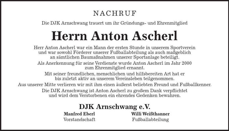 Traueranzeige Anton Ascherl