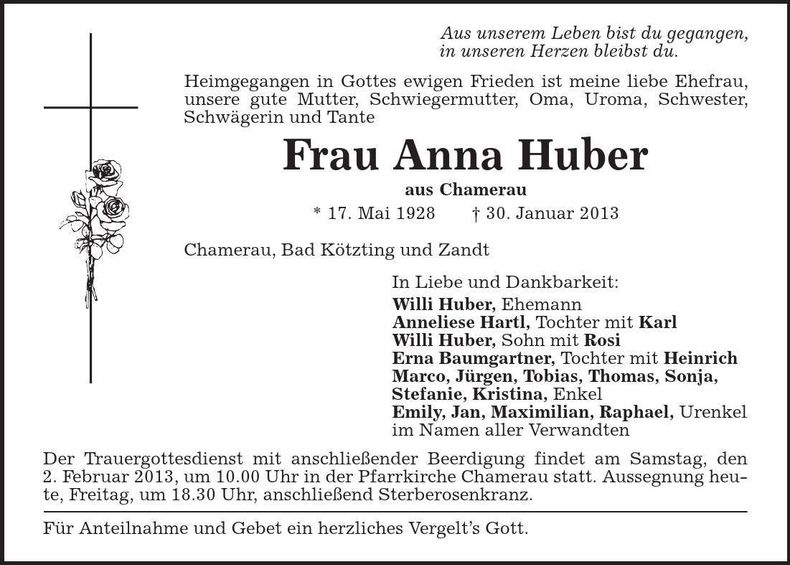 Traueranzeige Anna Huber