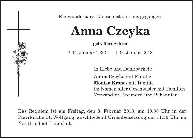 Traueranzeige Anna Czeyka