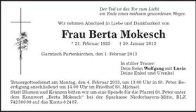 Traueranzeige Berta Mokesch
