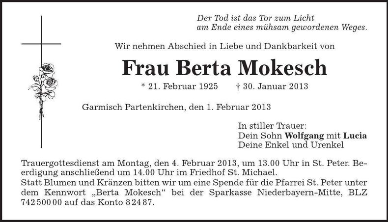 Traueranzeige Berta Mokesch