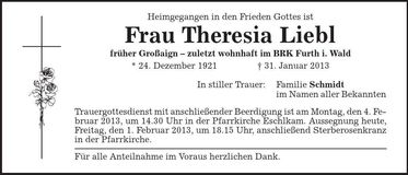 Traueranzeige Theresia Liebl