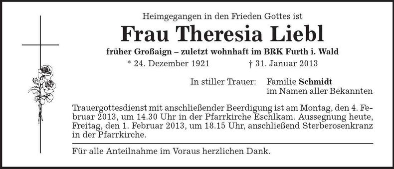 Traueranzeige Theresia Liebl