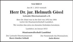 Traueranzeige Helmuth Gössl