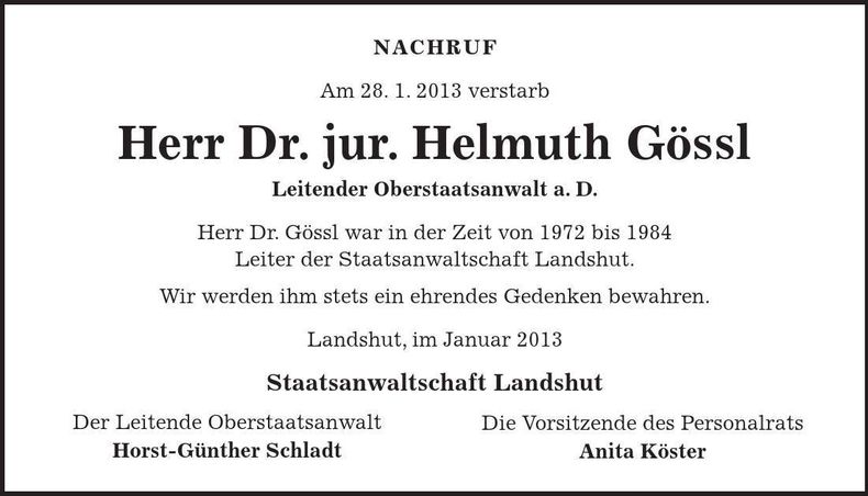 Traueranzeige Helmuth Gössl