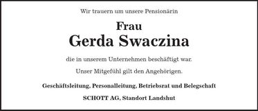 Traueranzeige Gerda Swaczina