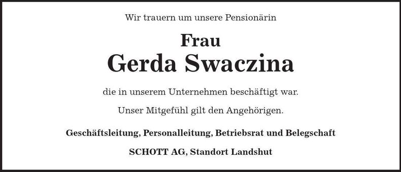 Traueranzeige Gerda Swaczina