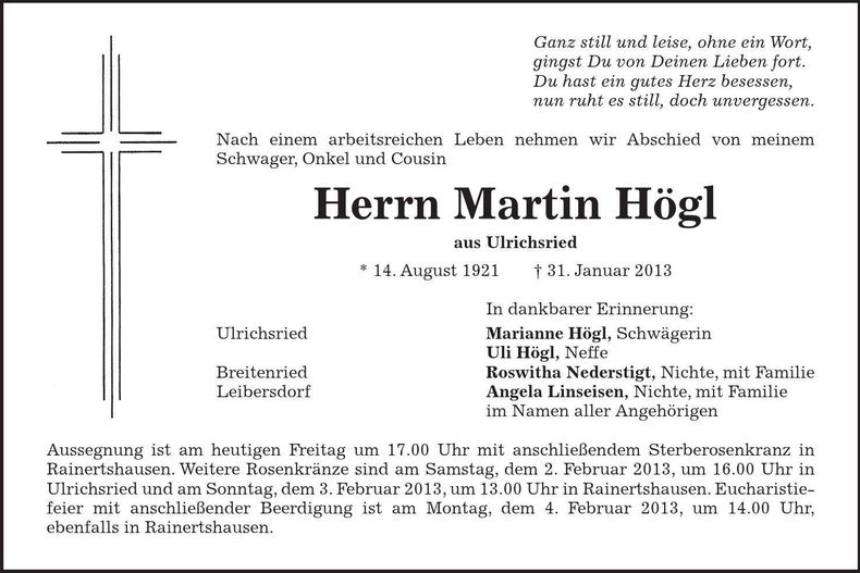 Traueranzeige Martin Högl