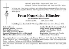 Traueranzeige Franziska Häusler