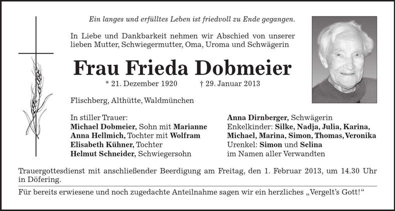 Traueranzeige Frieda Dobmeier