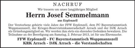 Traueranzeige Josef Semmelmann