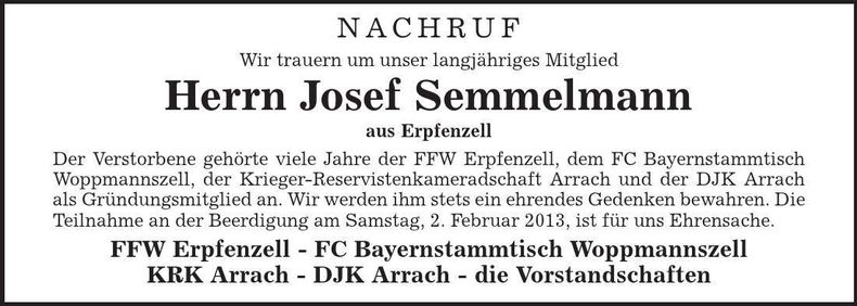 Traueranzeige Josef Semmelmann
