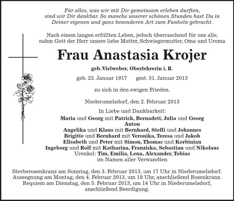 Traueranzeige Anastasia Krojer