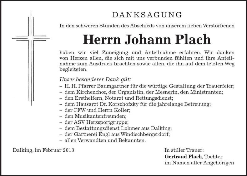 Traueranzeige Johann Plach