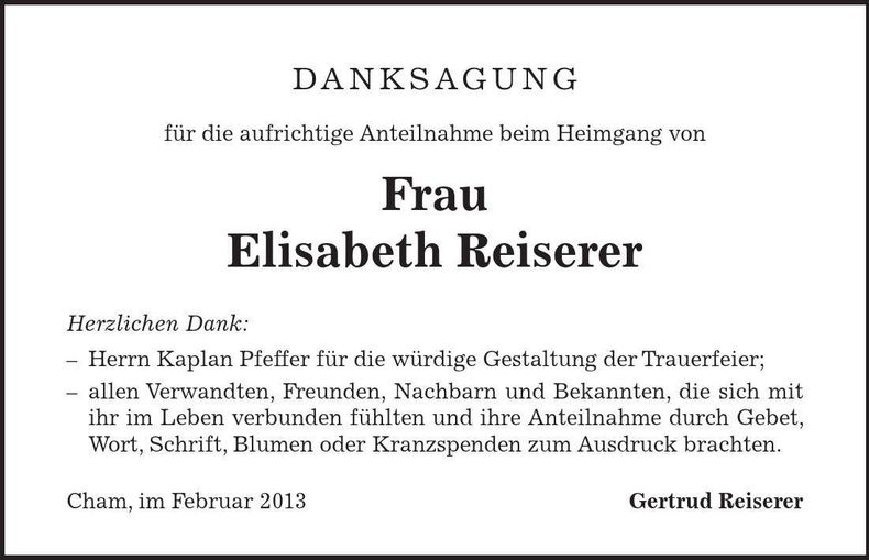 Traueranzeige Elisabeth Reiserer