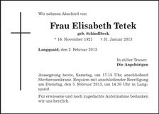Traueranzeige Elisabeth Tetek