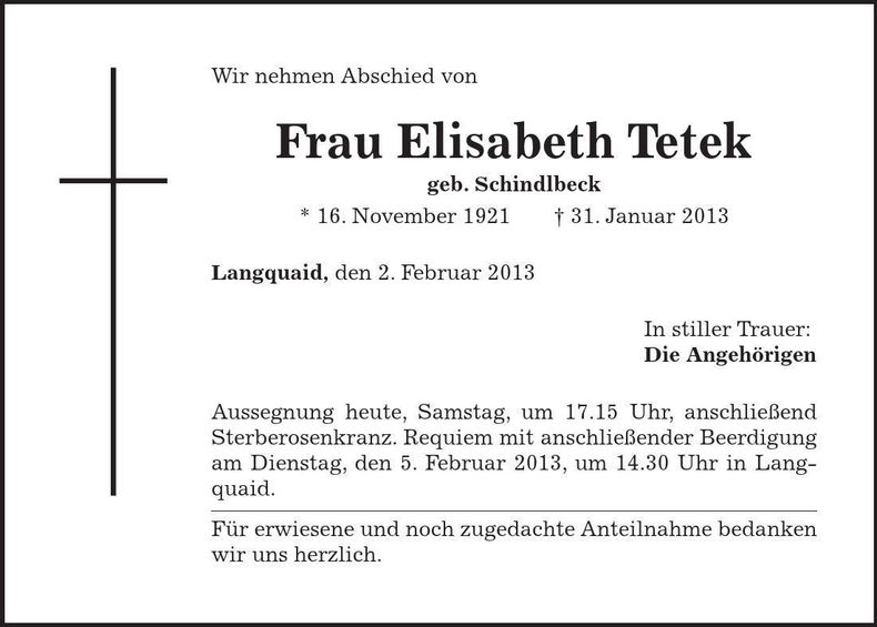 Traueranzeige Elisabeth Tetek