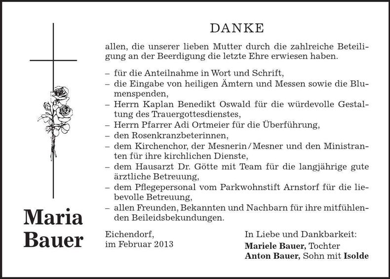 Traueranzeige Maria Bauer