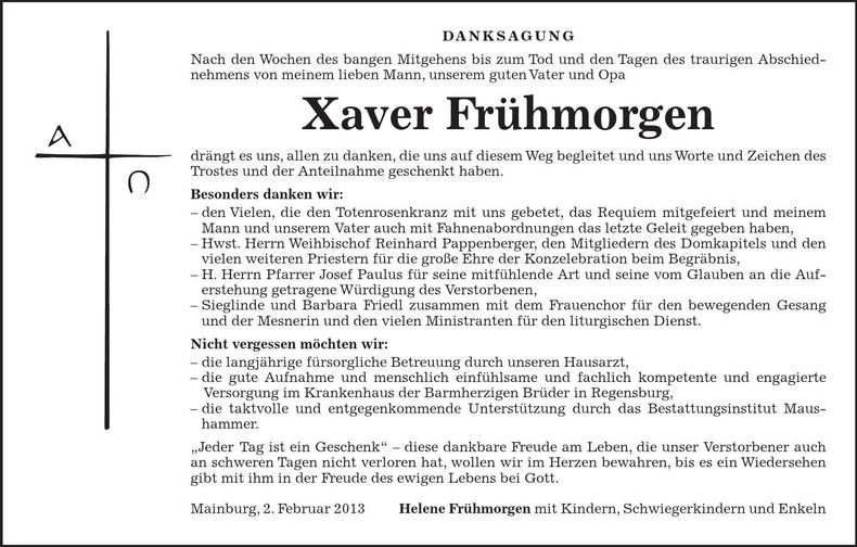 Traueranzeige Xaver Frühmorgen