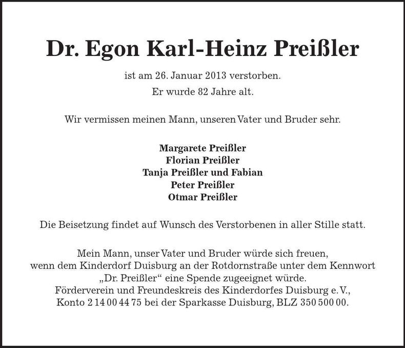 Traueranzeige Egon Karl-Heinz Preißler