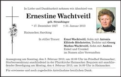 Traueranzeige Ernestine Wachtveitl
