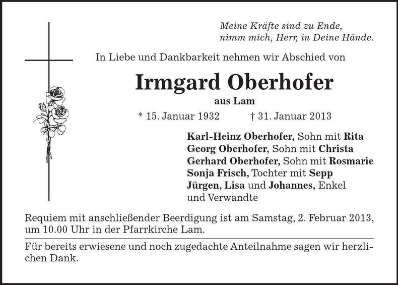 Traueranzeige Ingrid Oberhofer