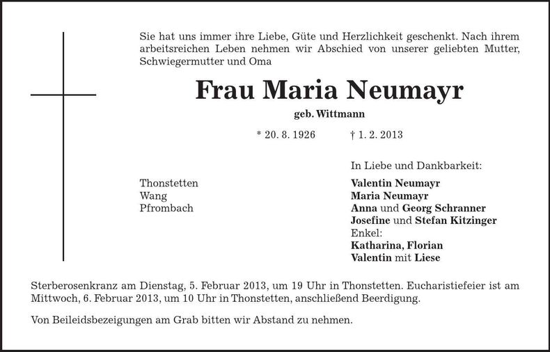 Traueranzeige Maria Neumayr