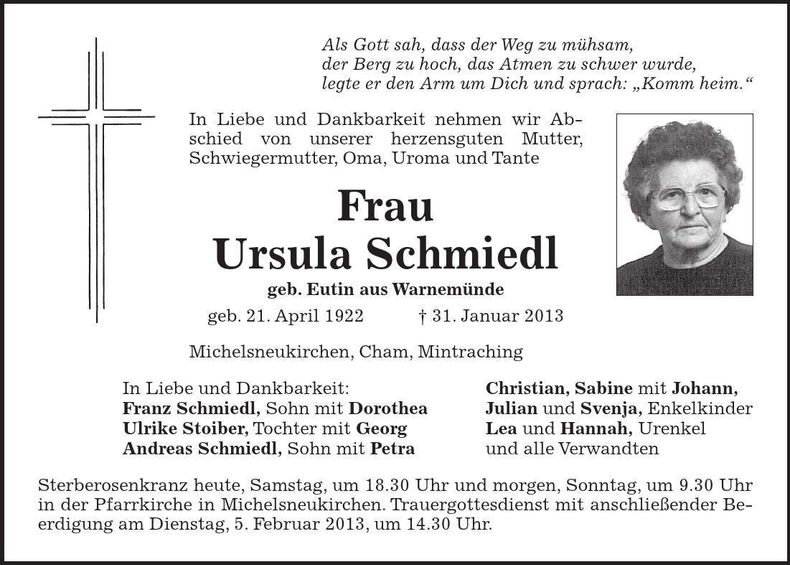 Traueranzeige Ursula Schmiedl