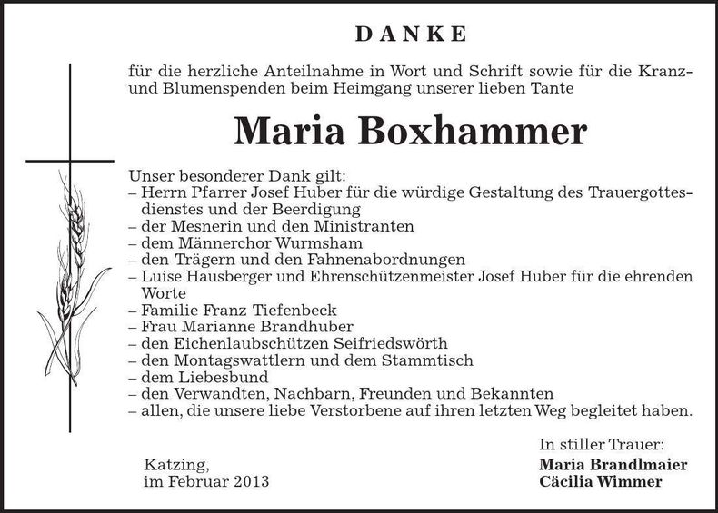 Traueranzeige Maria Boxhammer