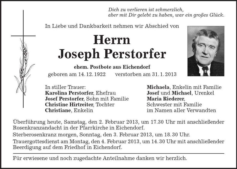 Traueranzeige Joseph Perstorfer