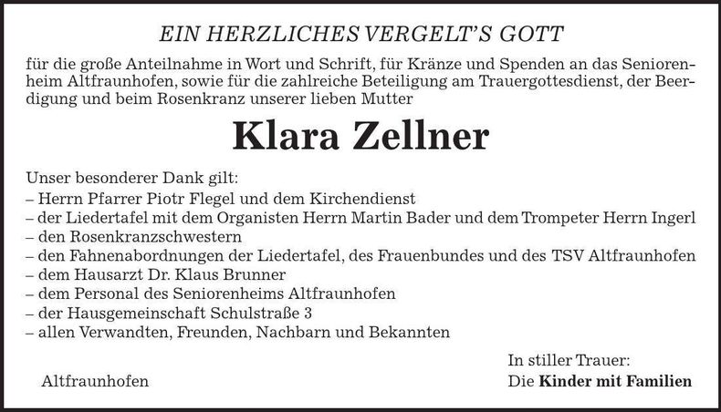 Traueranzeige Klara Zellner