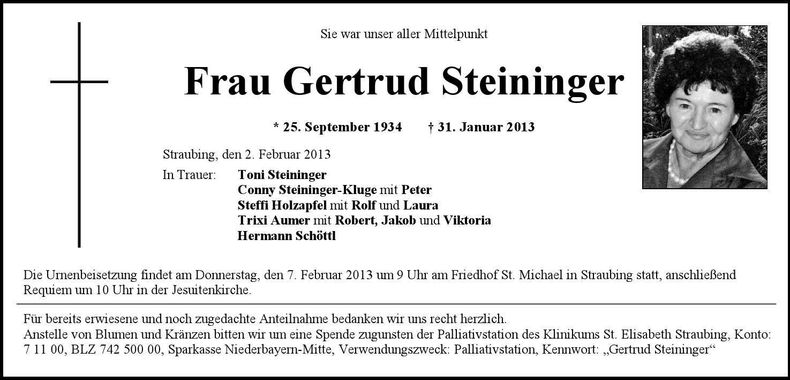 Traueranzeige Gertrud Steininger
