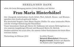 Traueranzeige Maria Hinterhölzel