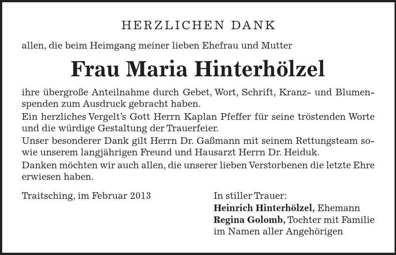 Traueranzeige Maria Hinterhölzel