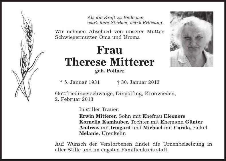 Traueranzeige Therese Mitterer