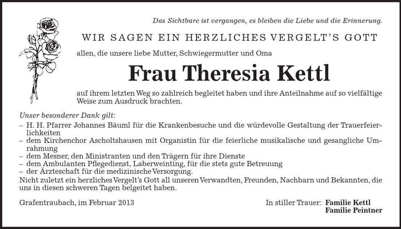 Traueranzeige Theresia Kettl