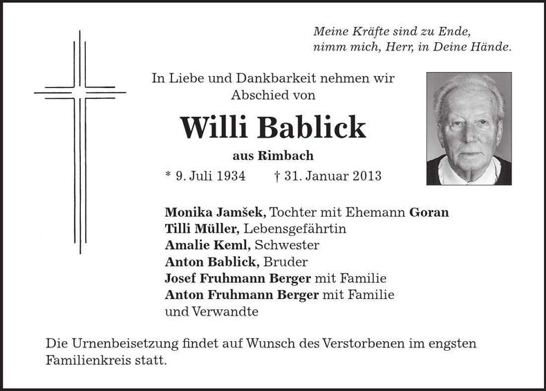 Traueranzeige Willi Bablick