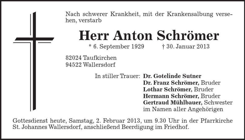 Traueranzeige Anton Schrömer