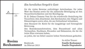 Traueranzeige Rosina Boxhammer