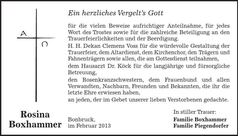 Traueranzeige Rosina Boxhammer
