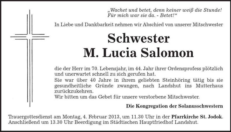 Traueranzeige Lucia Salomon