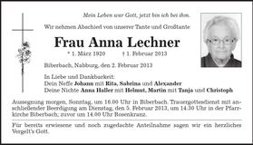 Traueranzeige Anna Lechner