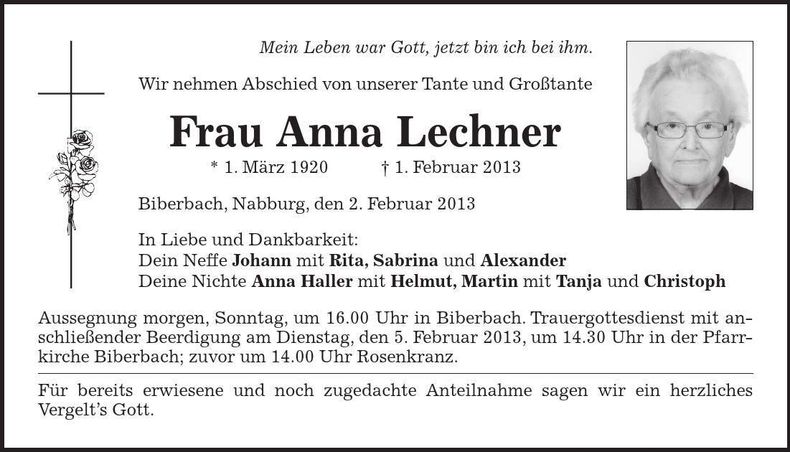 Traueranzeige Anna Lechner