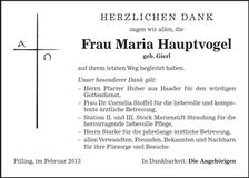 Traueranzeige Maria Hauptvogel